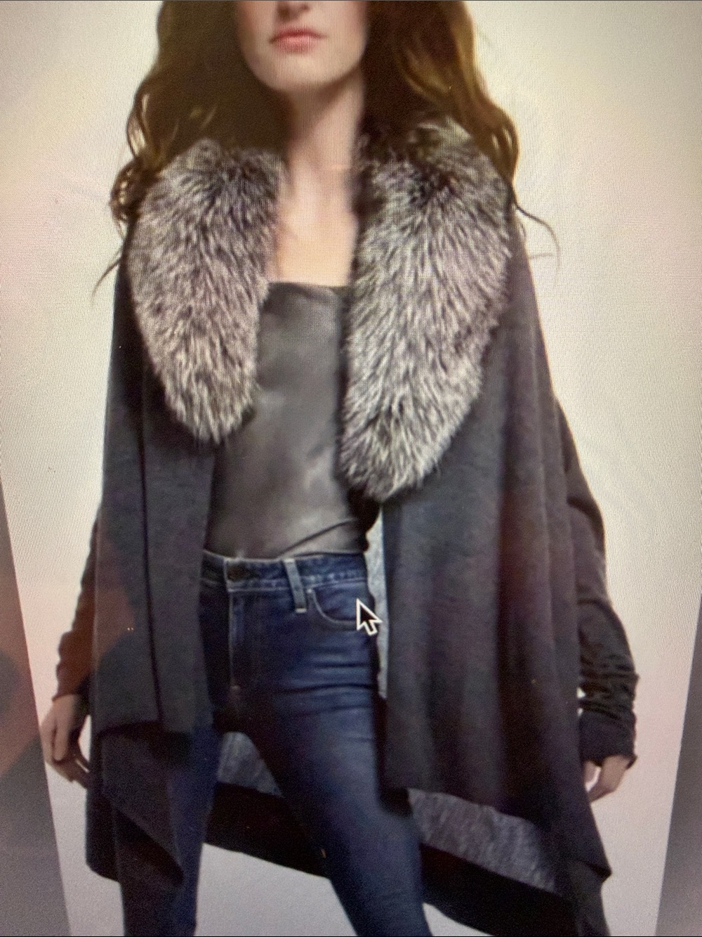 Alice and Olivia Cascade Fox Fur Collar Cardigan In A Gray Wool/Cashmere blend.
